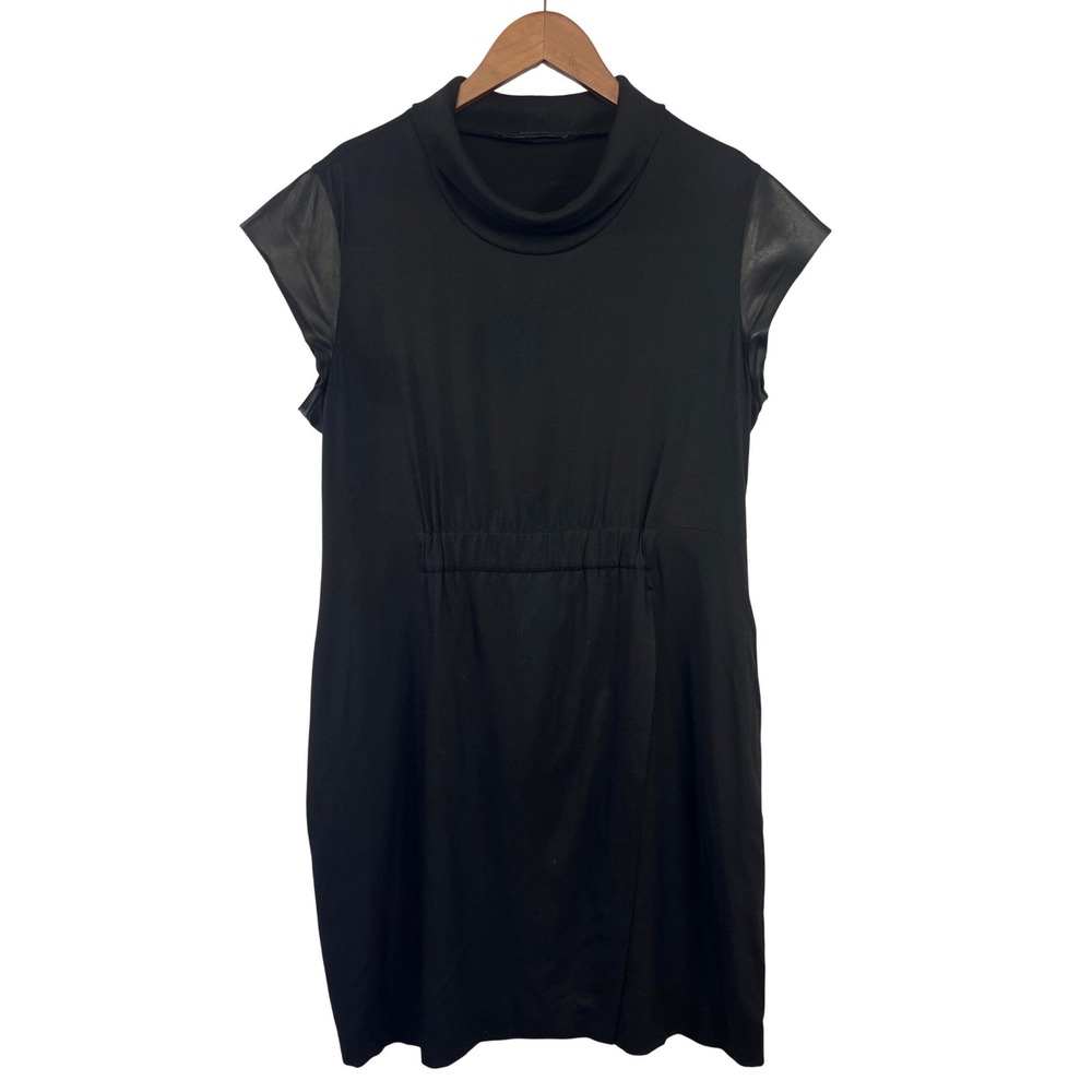 AllSaints Rhian Dress Leather Trim Cowl Neck 10 Black Edgy Chic Minimalist